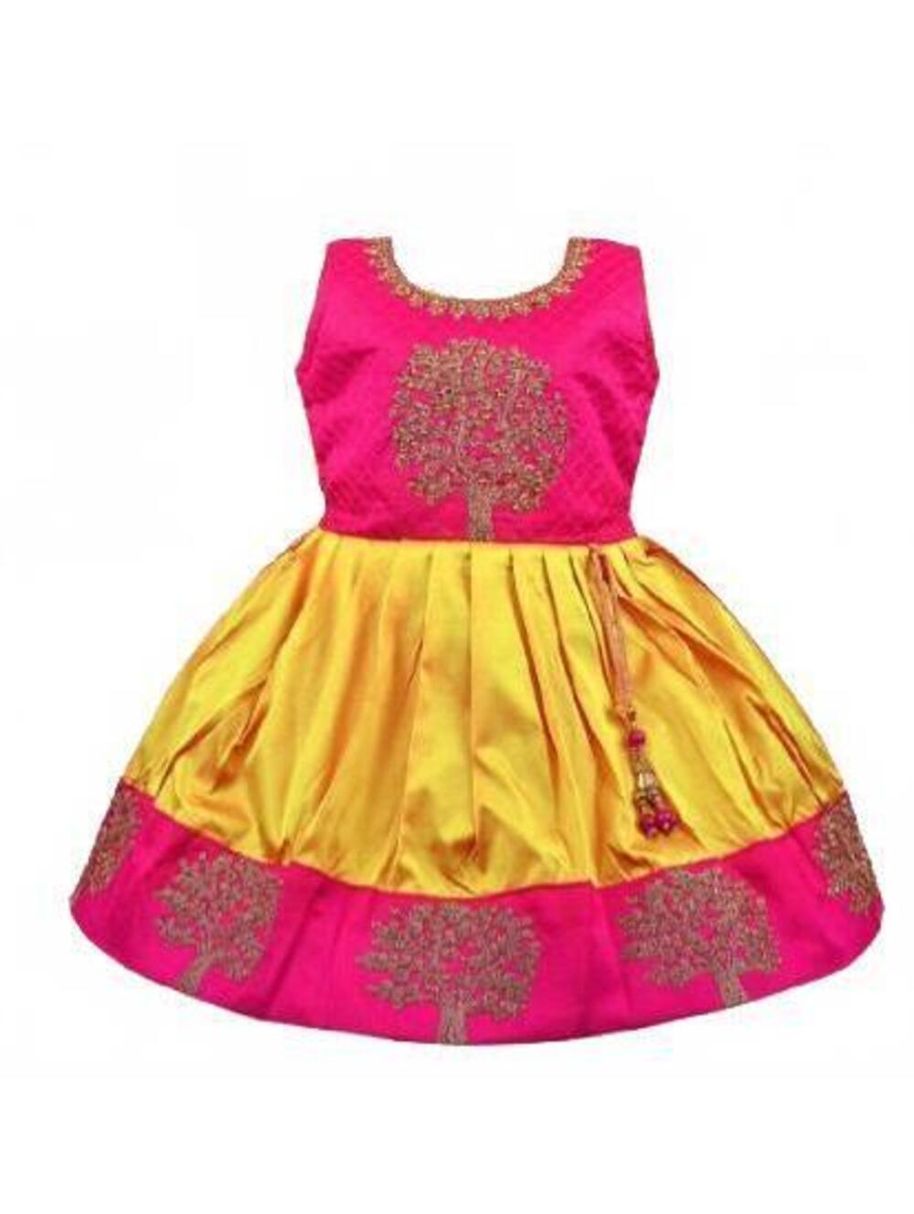Girls Traditional Silk Embroidered Pink and Yellow Dress